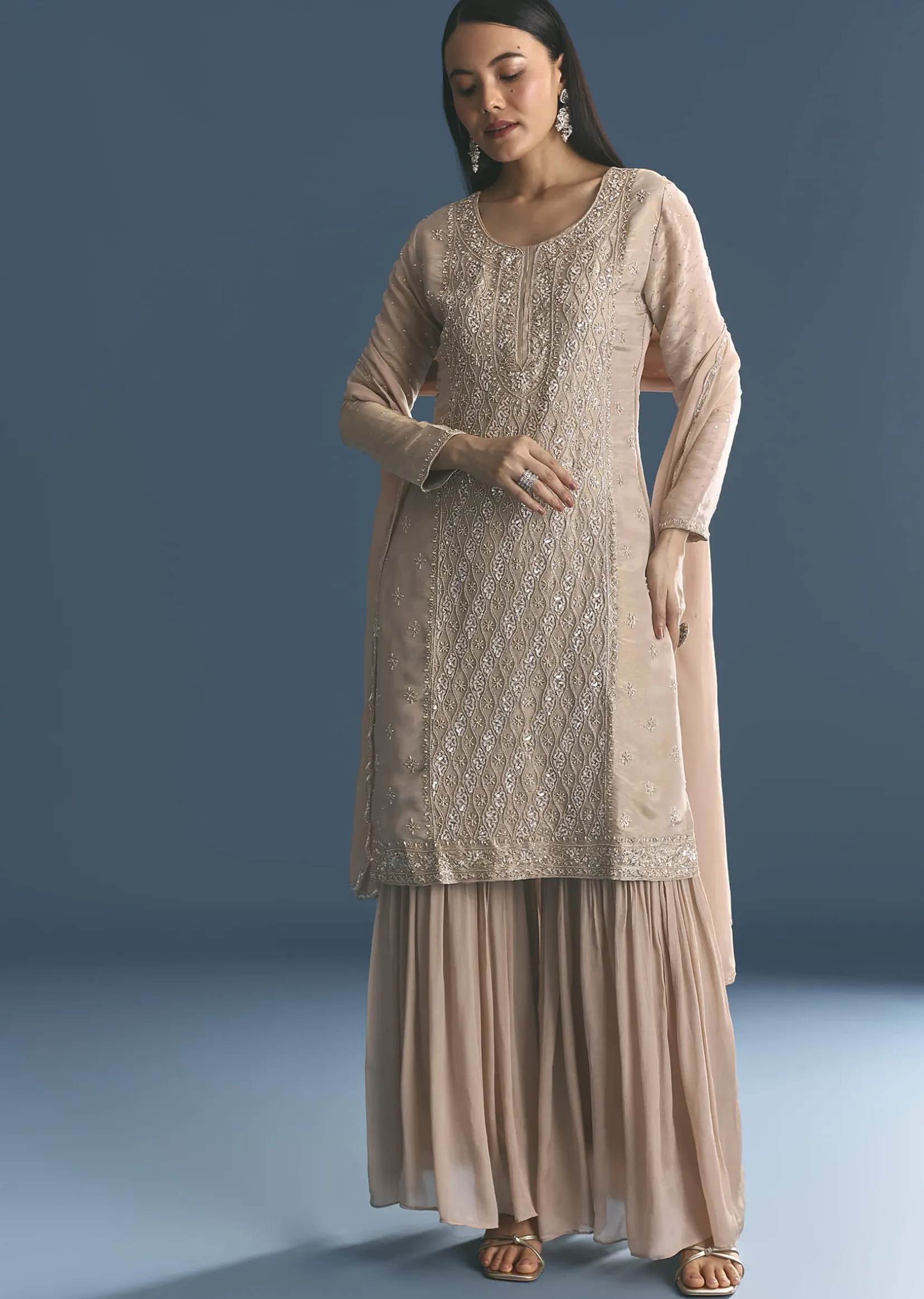 Gold Tissue Kurta Sharara Set With Beads And Sequins Work