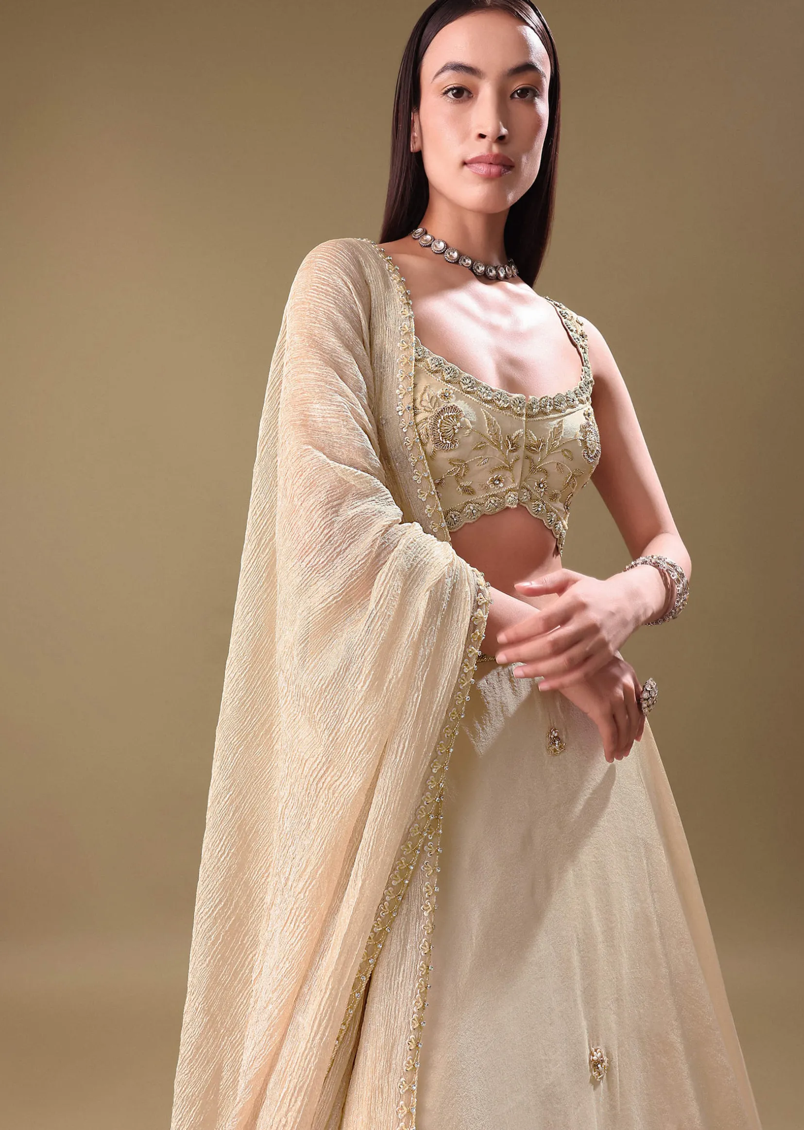 Gold Tissue Lehenga With Hand Embroidered Blouse Set