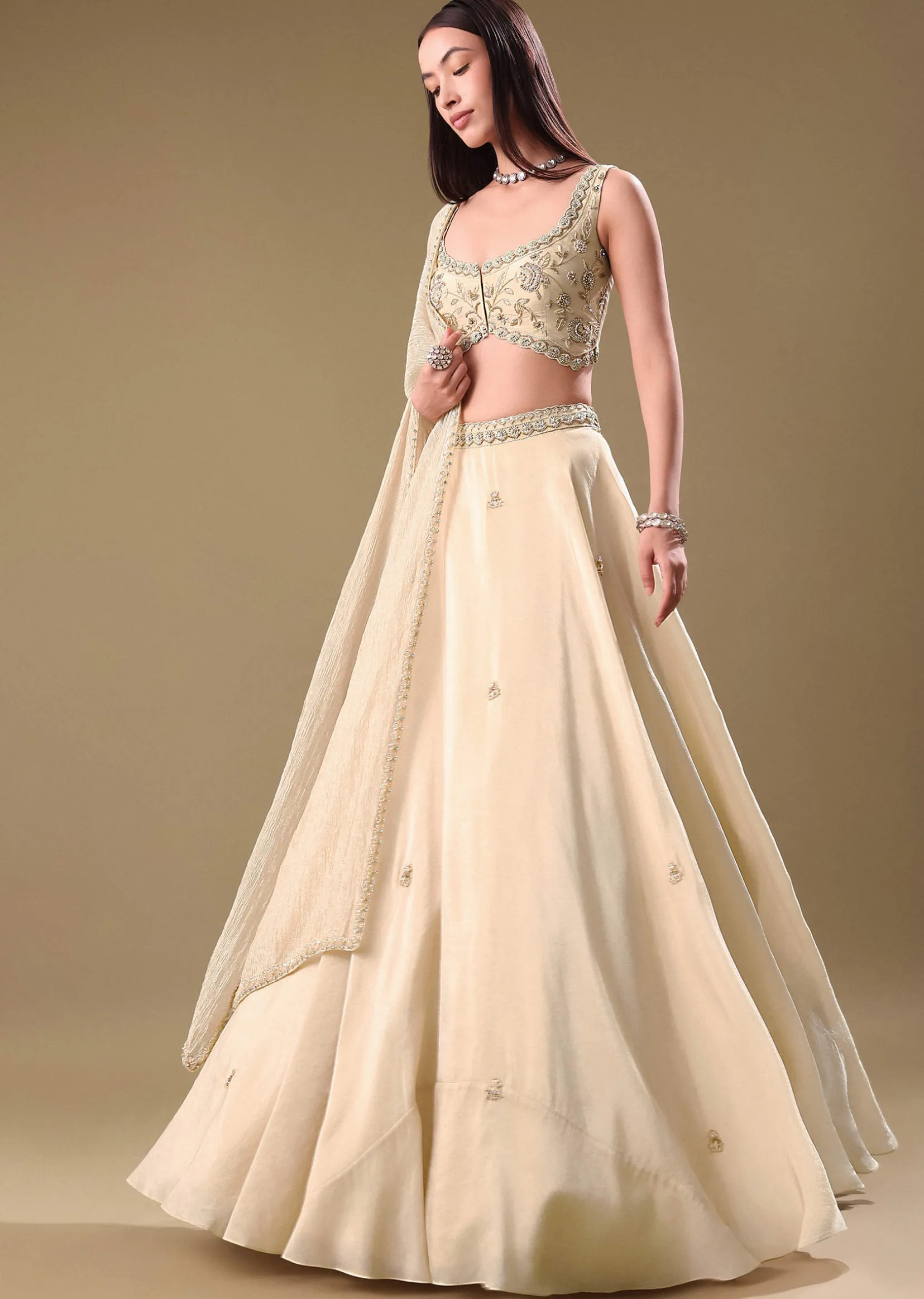 Gold Tissue Lehenga With Hand Embroidered Blouse Set