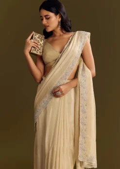 Gold Tissue Saree With Cutdana And Beads Scallop Border