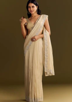 Gold Tissue Saree With Cutdana And Beads Scallop Border