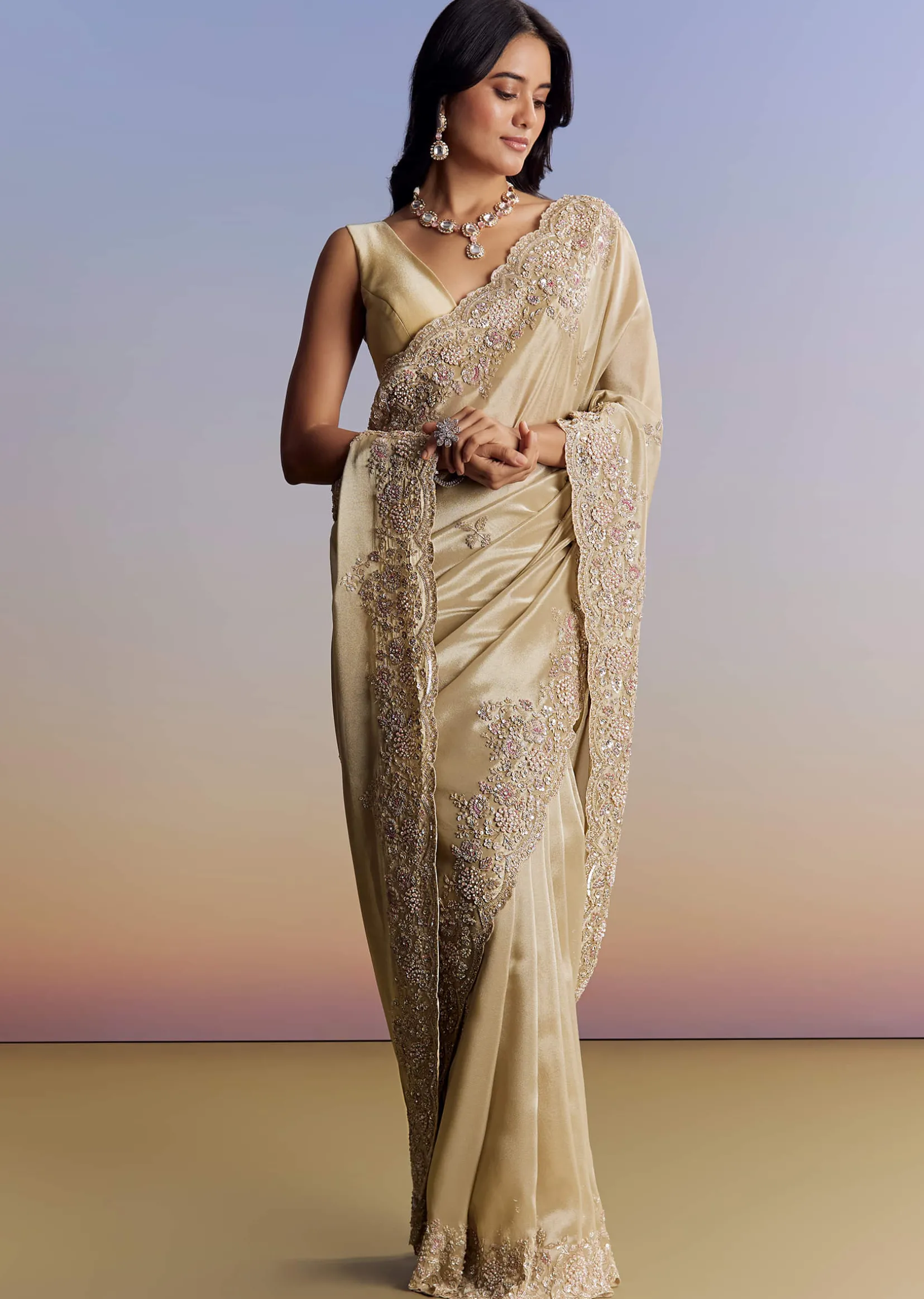 Gold Tissue Saree With Cut Dana Embroidery