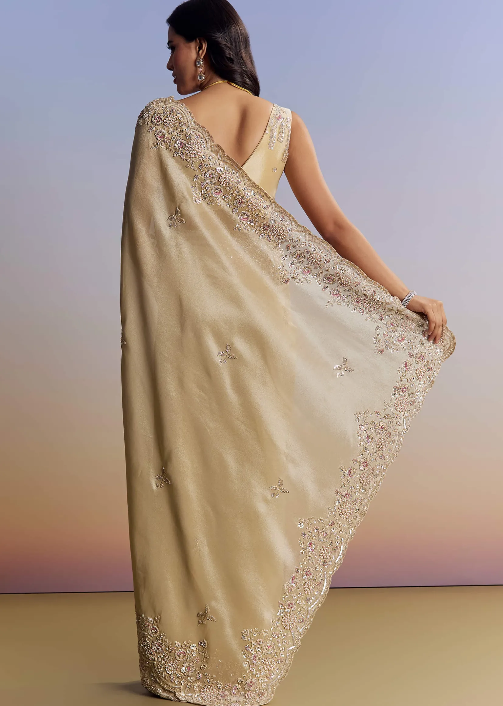 Gold Tissue Saree With Cut Dana Embroidery