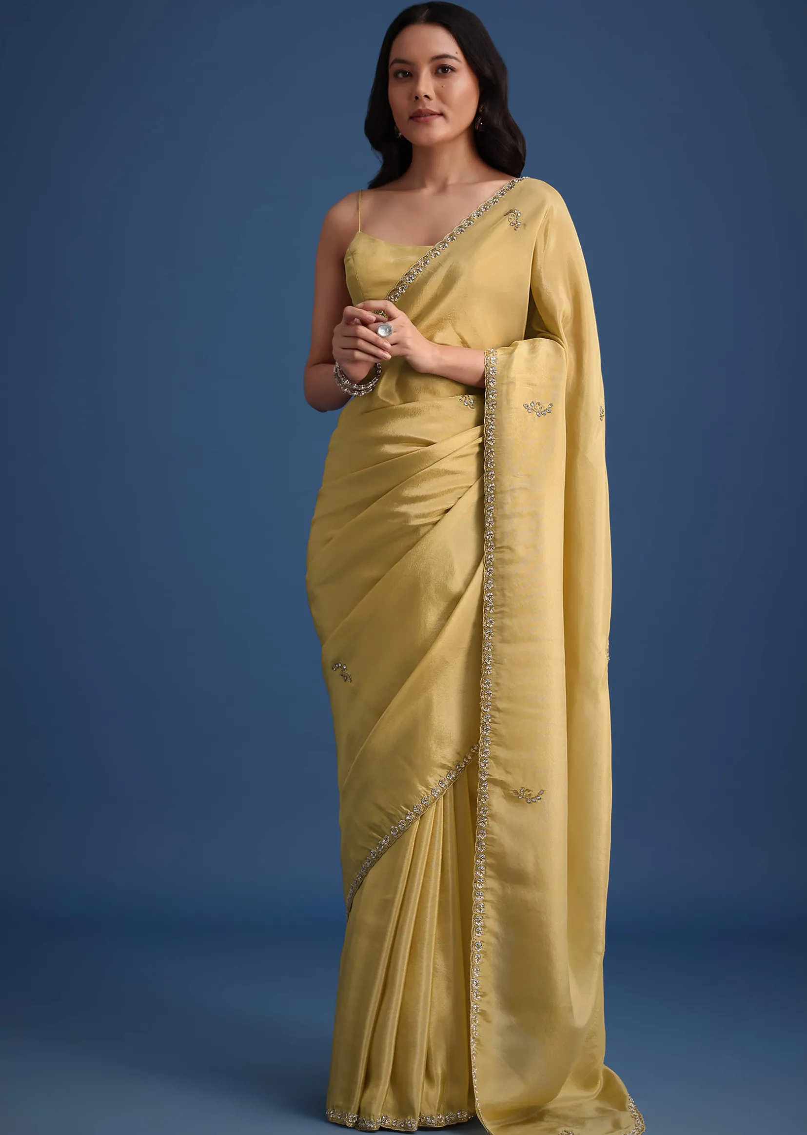 Gold Tissue Saree With Cutdana Embellished Border