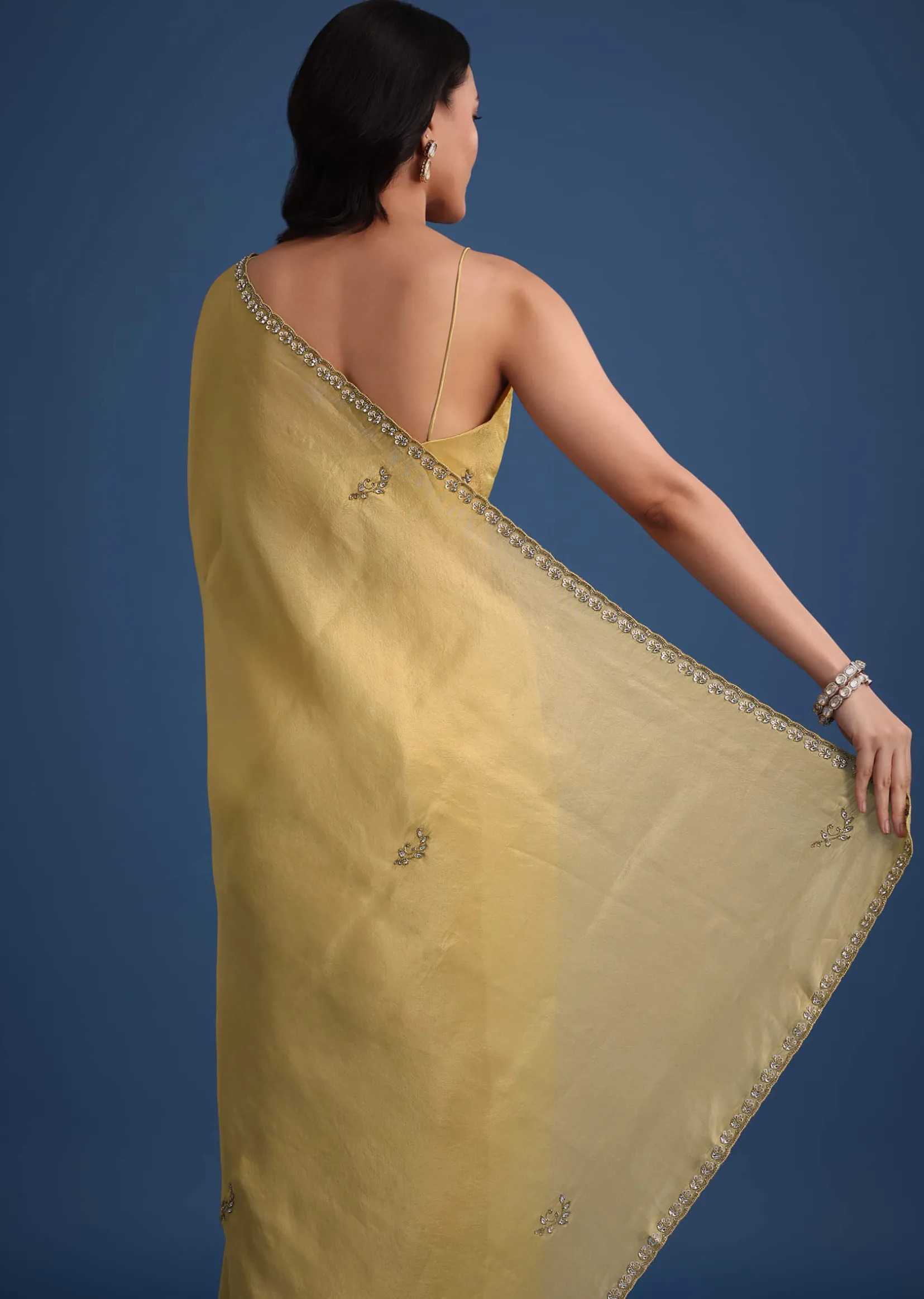 Gold Tissue Saree With Cutdana Embellished Border