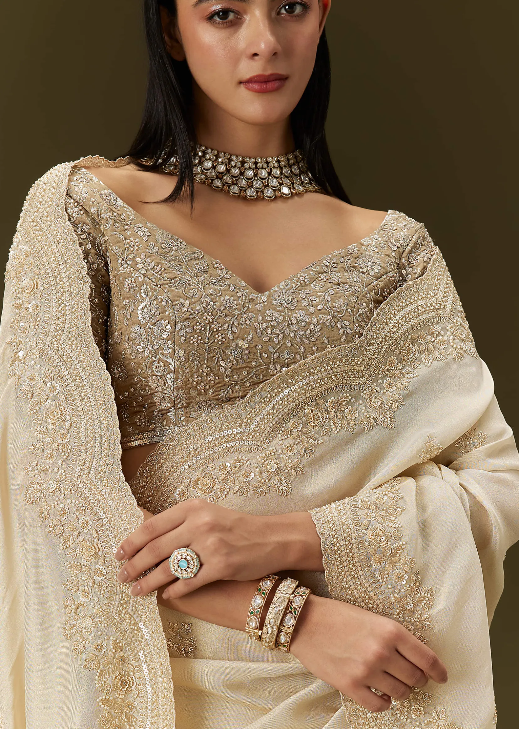 Gold Tissue Saree With Embroidered Brocade Blouse