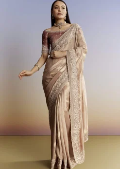 Gold Tissue Saree With Heavy Embroidered Border And Blouse