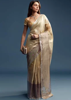 Gold Tissue Saree With Mirror Embroidery