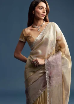 Gold Tissue Saree With Mirror Embroidery