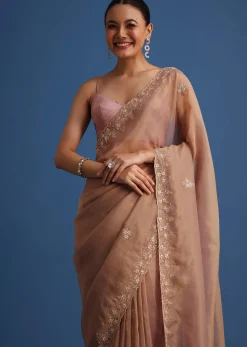 Gold Tissue Saree With Stones And Cutdana Embroidered Border