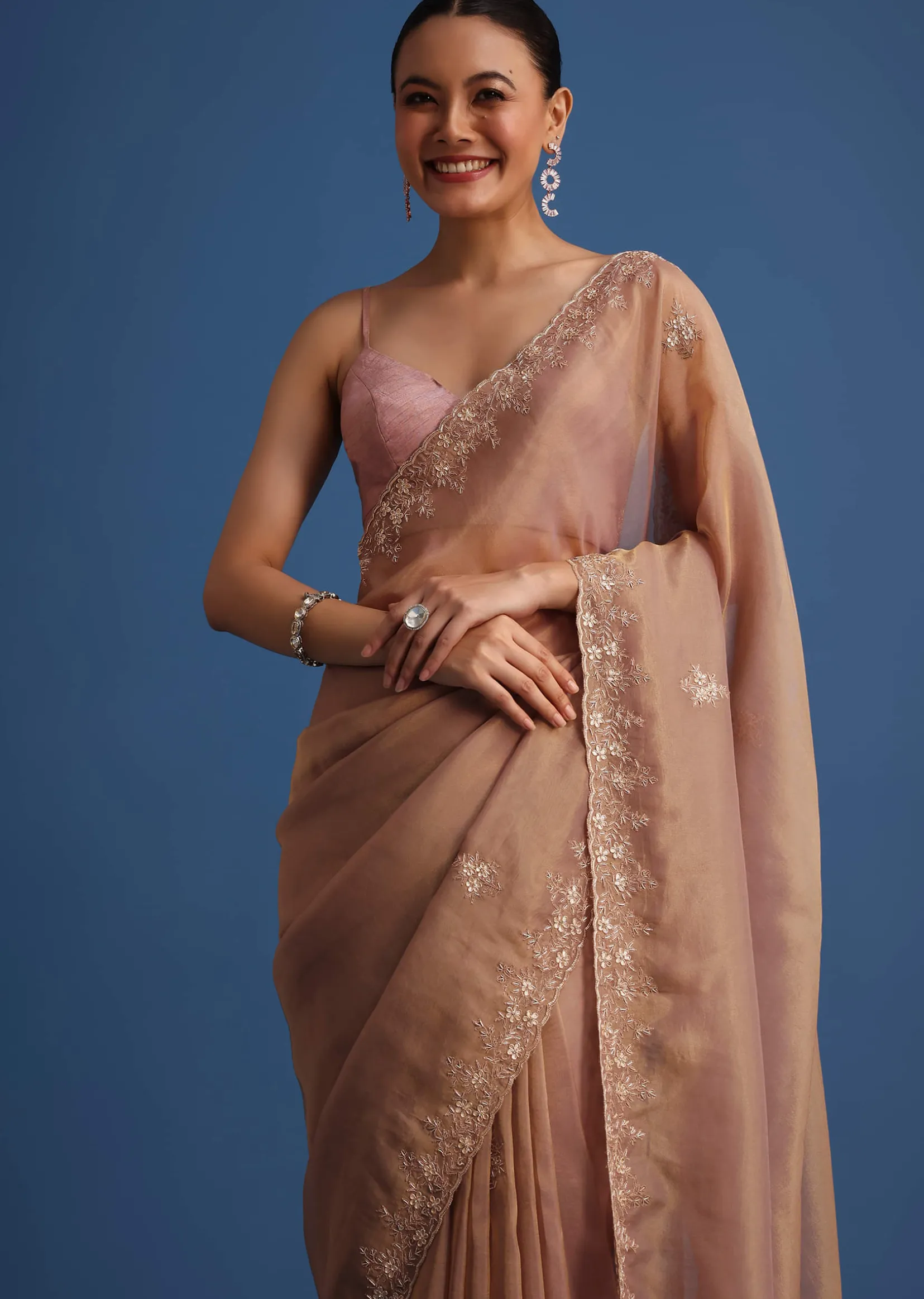 Gold Tissue Saree With Stones And Cutdana Embroidered Border