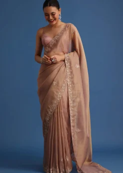 Gold Tissue Saree With Stones And Cutdana Embroidered Border