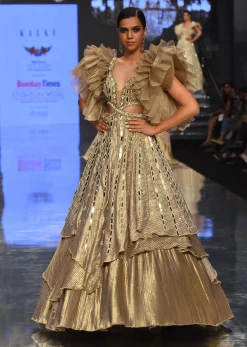 Gold Toned Embroidery Gown With Ruffle Sleeves - NOOR 2022