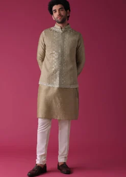 Gold Toned Jacket Kurta Set In Silk With Mirror Work