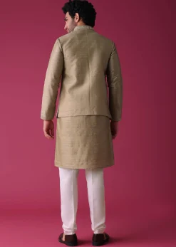 Gold Toned Jacket Kurta Set In Silk With Mirror Work