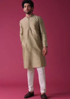 Gold Toned Jacket Kurta Set In Silk With Mirror Work