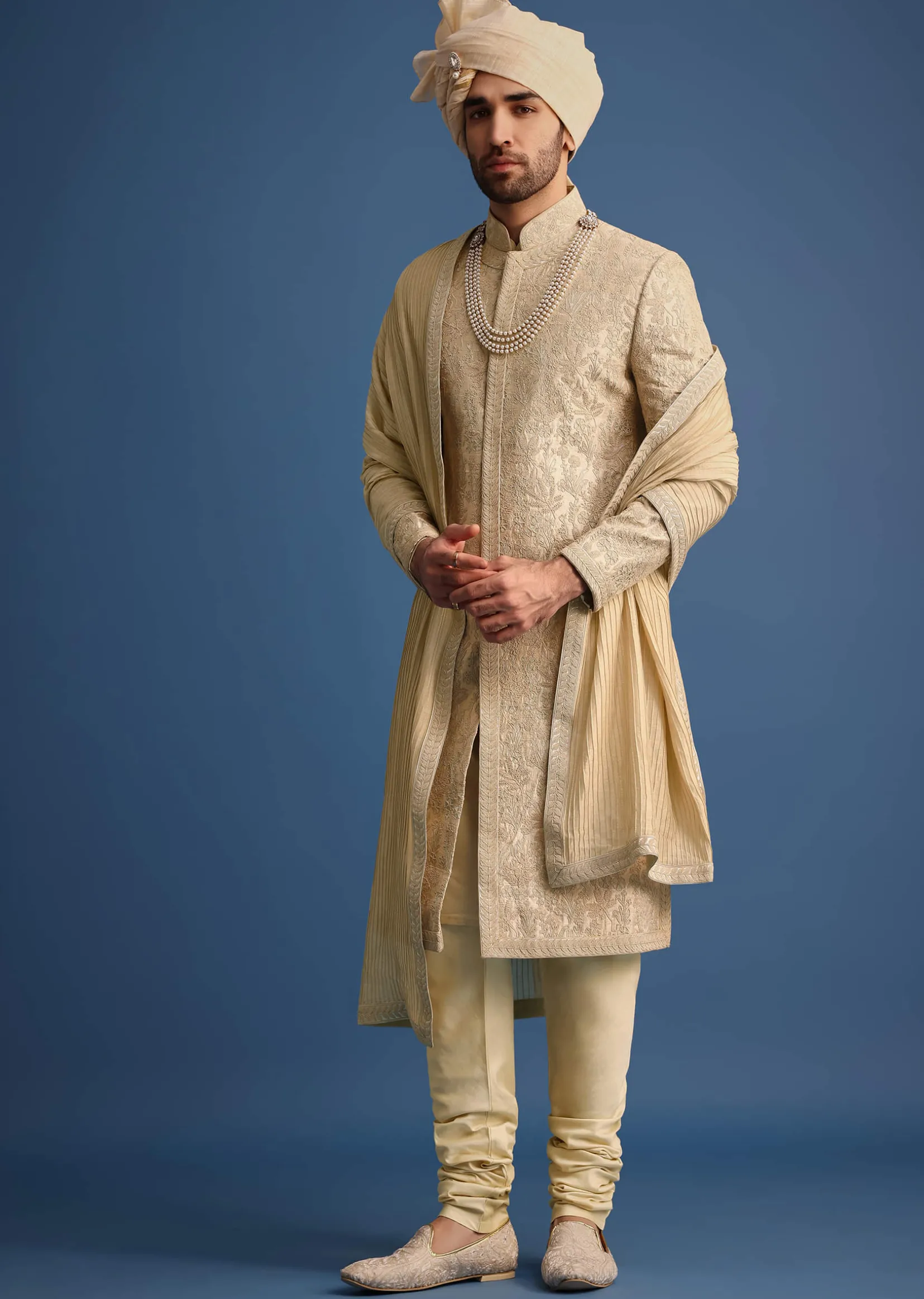 Gold Zari Embroidered Sherwani Suit With Mandarin Collar