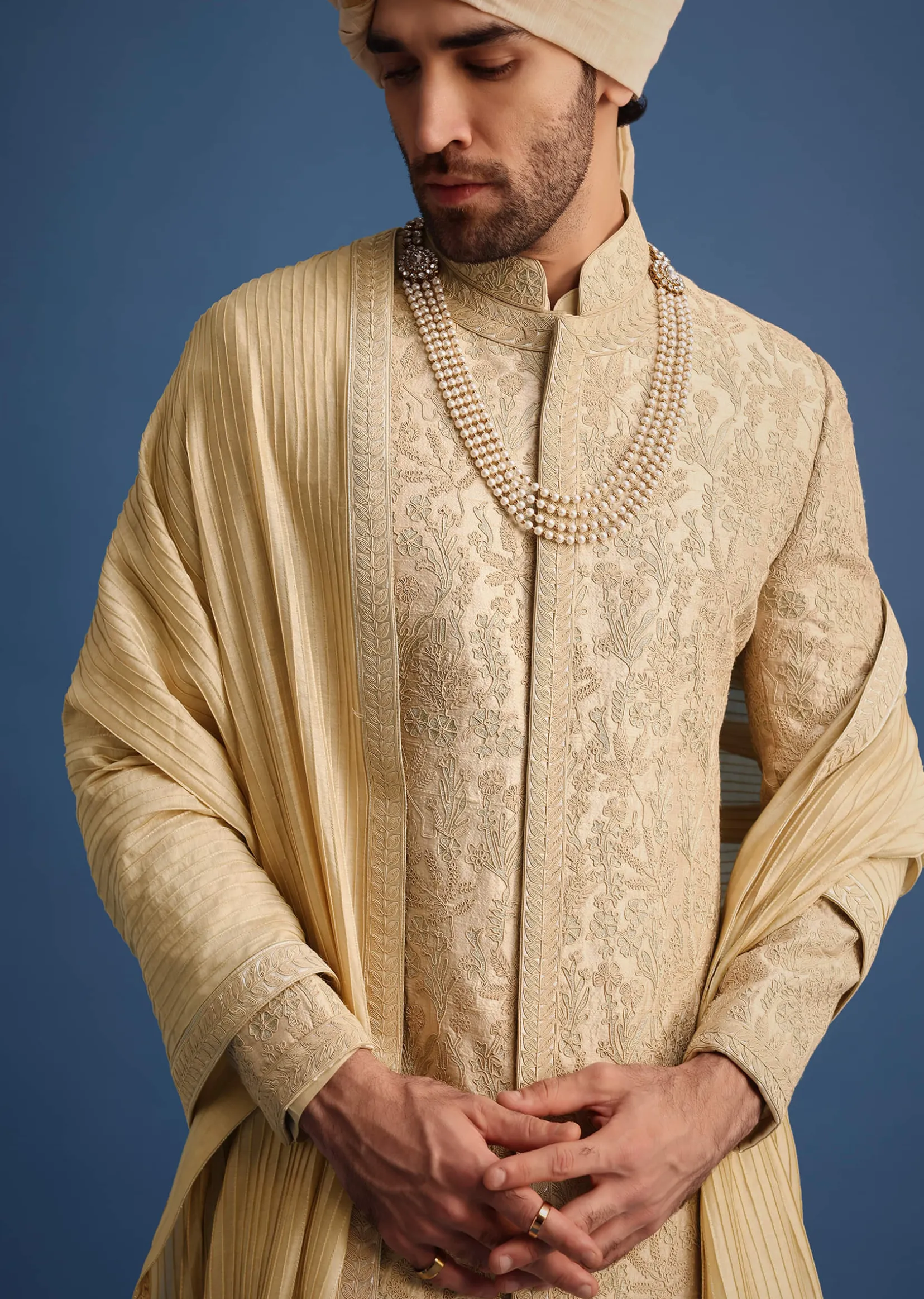 Gold Zari Embroidered Sherwani Suit With Mandarin Collar
