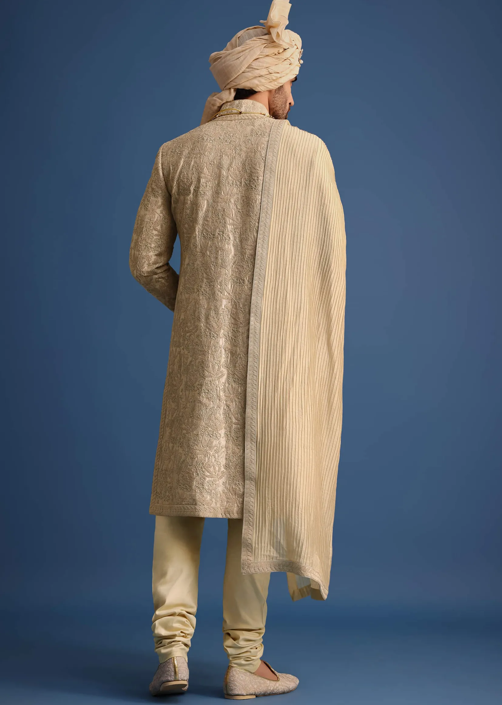 Gold Zari Embroidered Sherwani Suit With Mandarin Collar