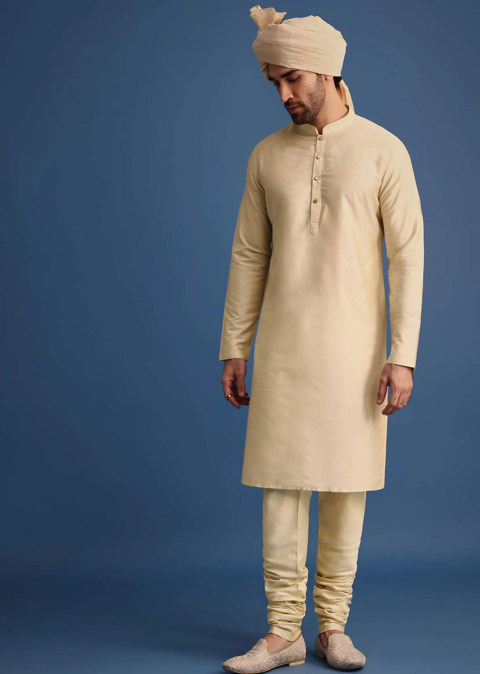 Gold Zari Embroidered Sherwani Suit With Mandarin Collar
