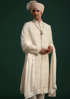 Gold Zari Embroidered Sherwani With Anarkali Kurta And Dupatta