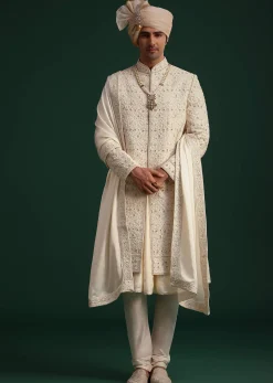Gold Zari Embroidered Sherwani With Anarkali Kurta And Dupatta