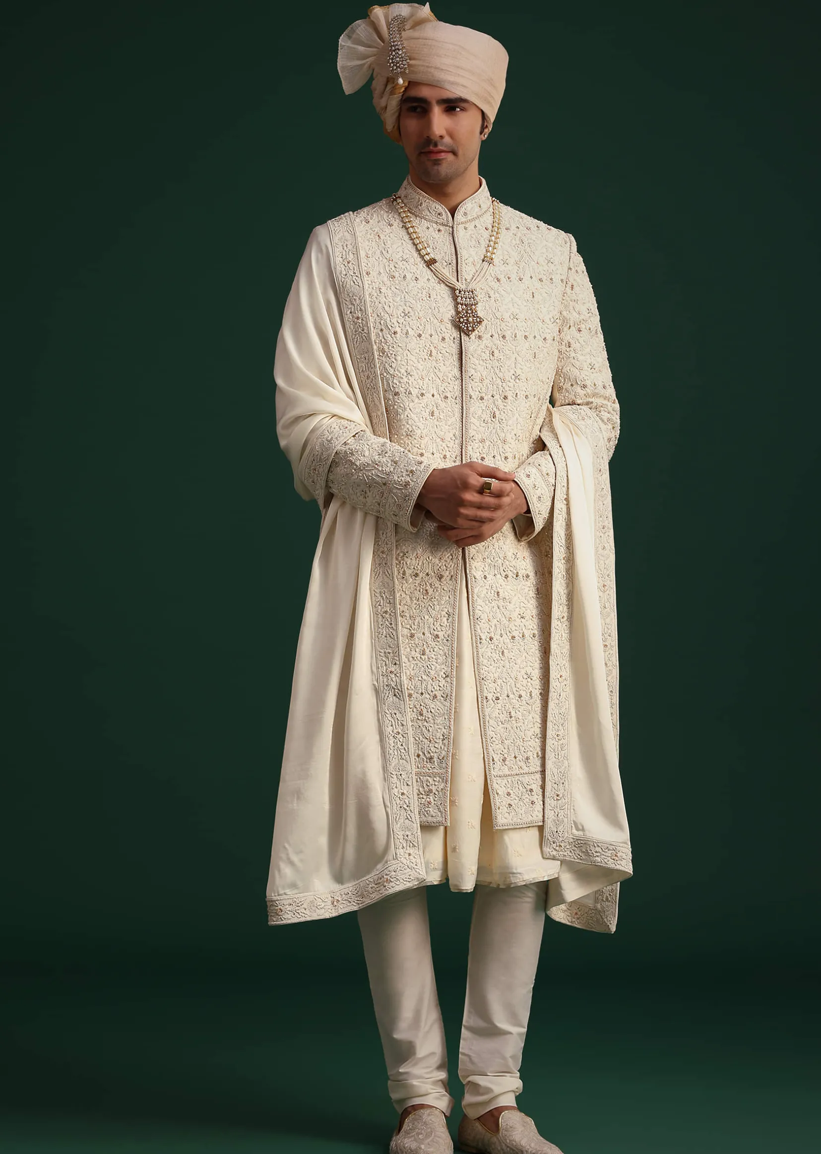 Gold Zari Embroidered Sherwani With Anarkali Kurta And Dupatta