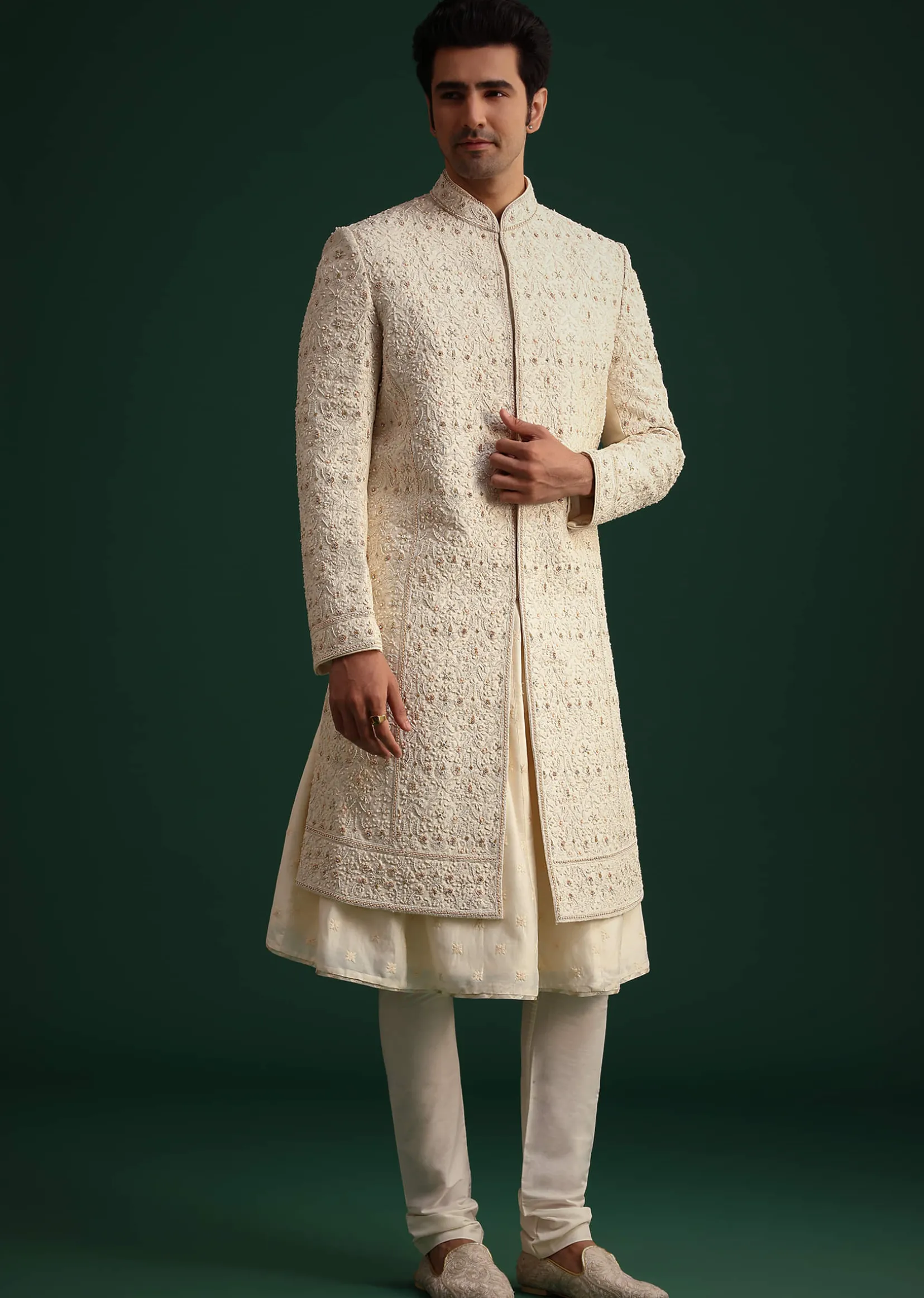 Gold Zari Embroidered Sherwani With Anarkali Kurta And Dupatta