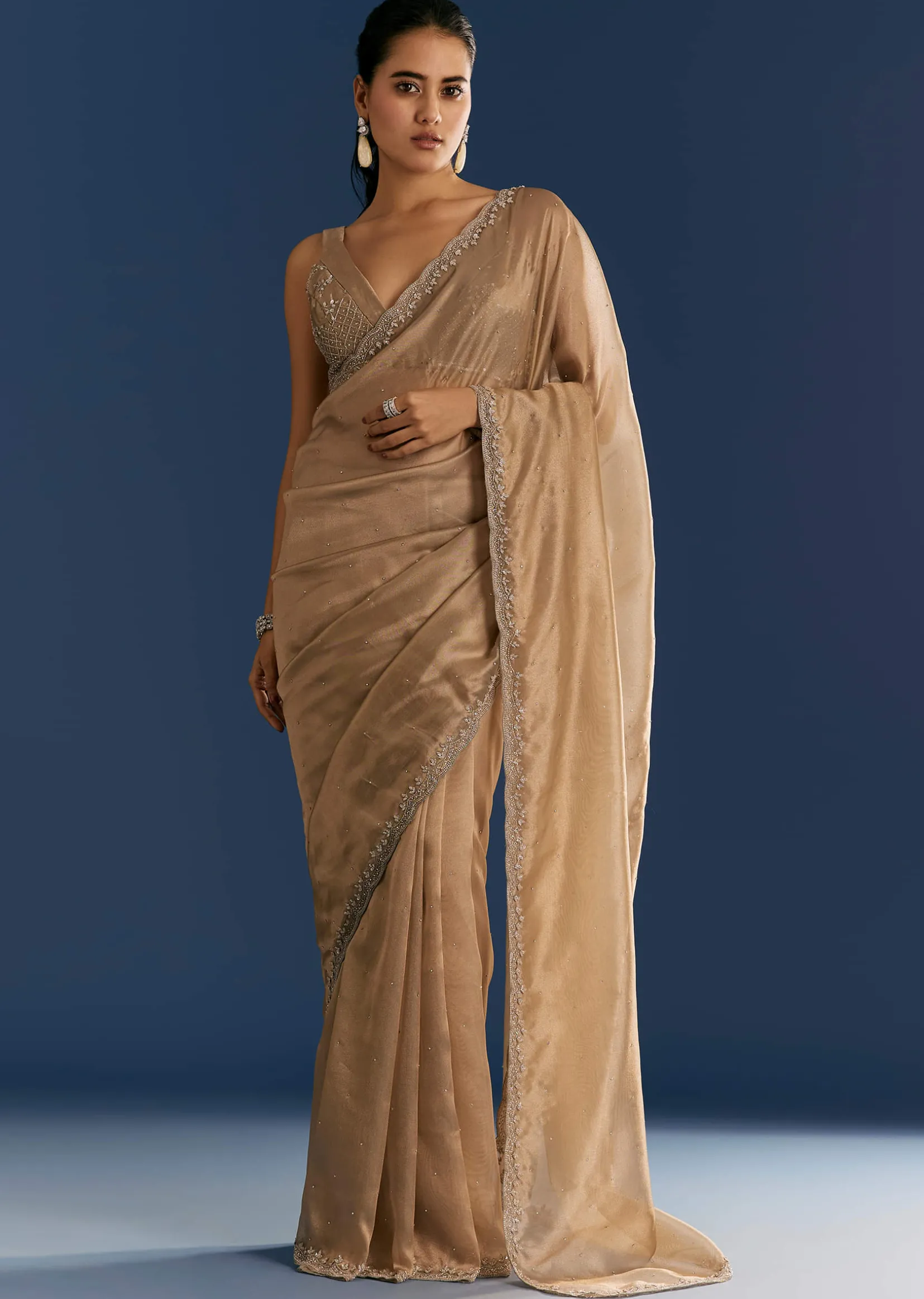 Golden Beige Organza Tissue Saree With Cut Dana And Stone Embellishments