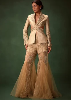 Golden Brocade Palazzo Suit With Frills