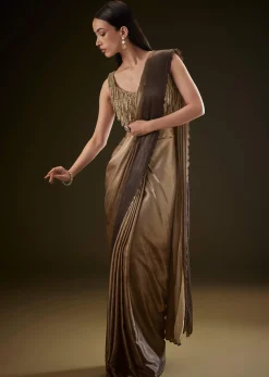 Golden Brown Ready To Saree With Resham Scallop Border