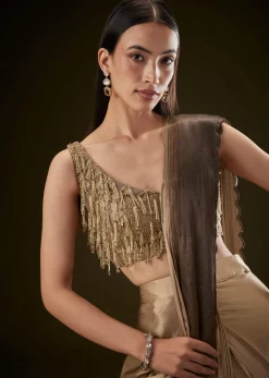 Golden Brown Ready To Saree With Resham Scallop Border
