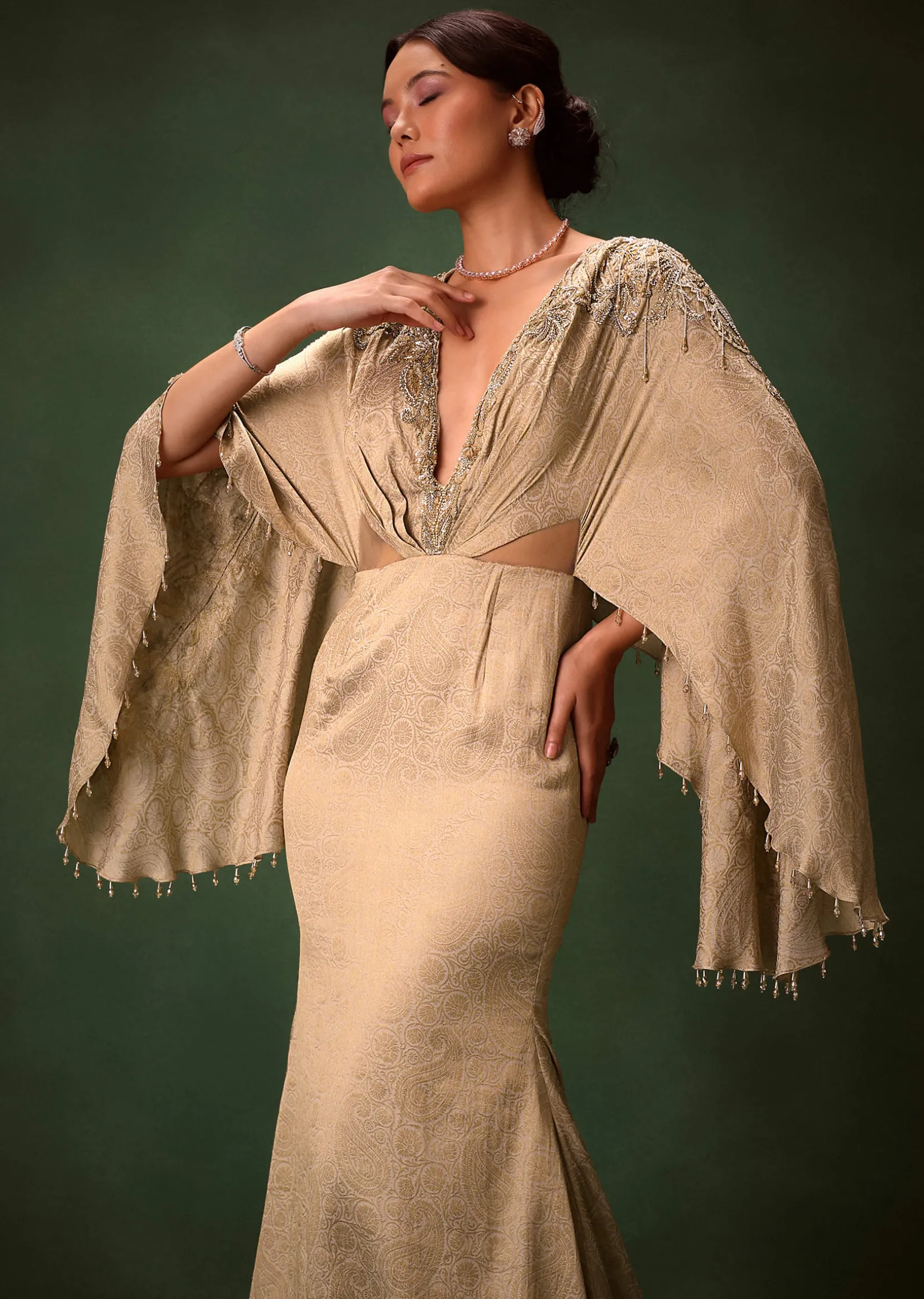 Golden Chiffon Silk Jacquard Kaftan