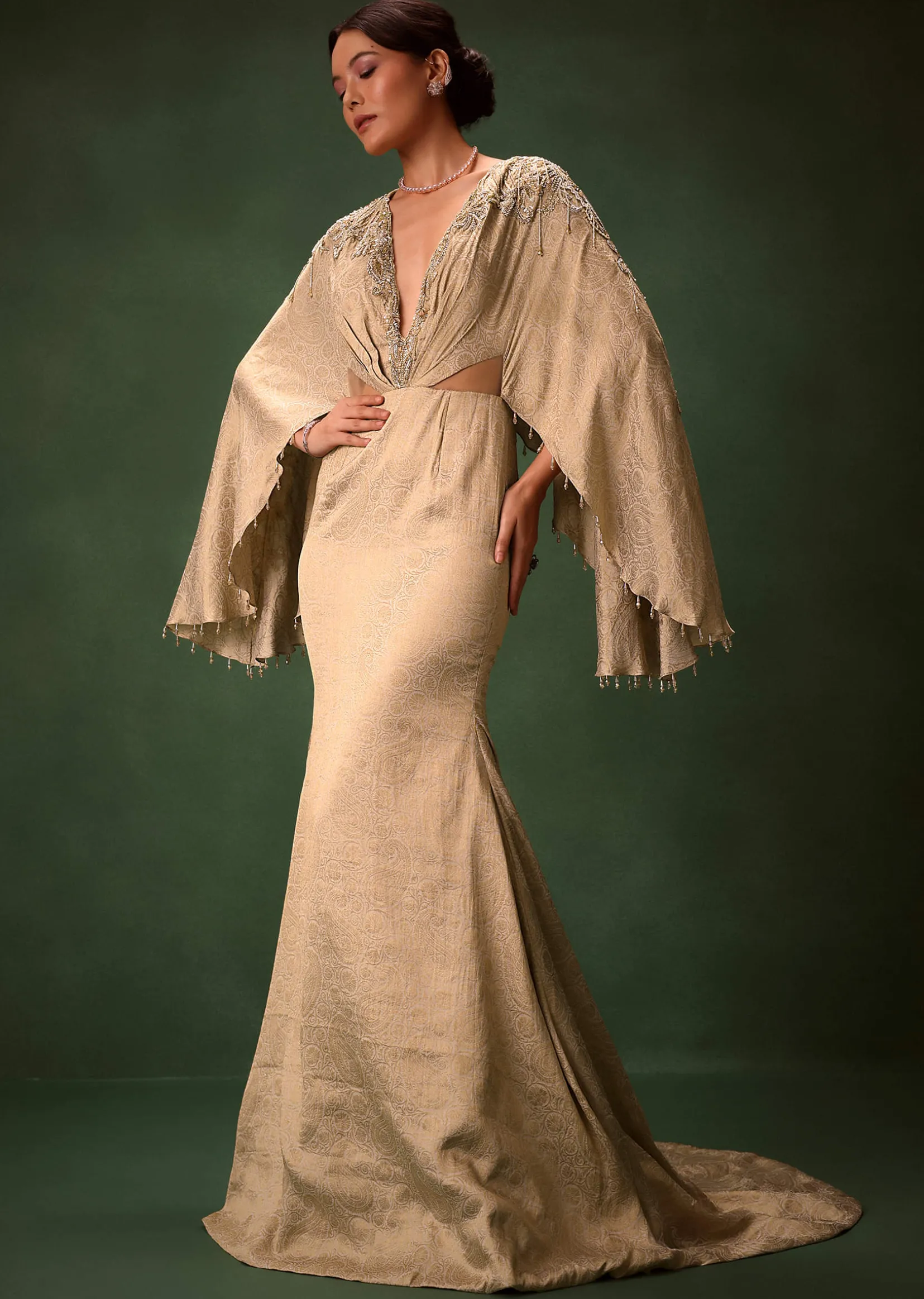 Golden Chiffon Silk Jacquard Kaftan