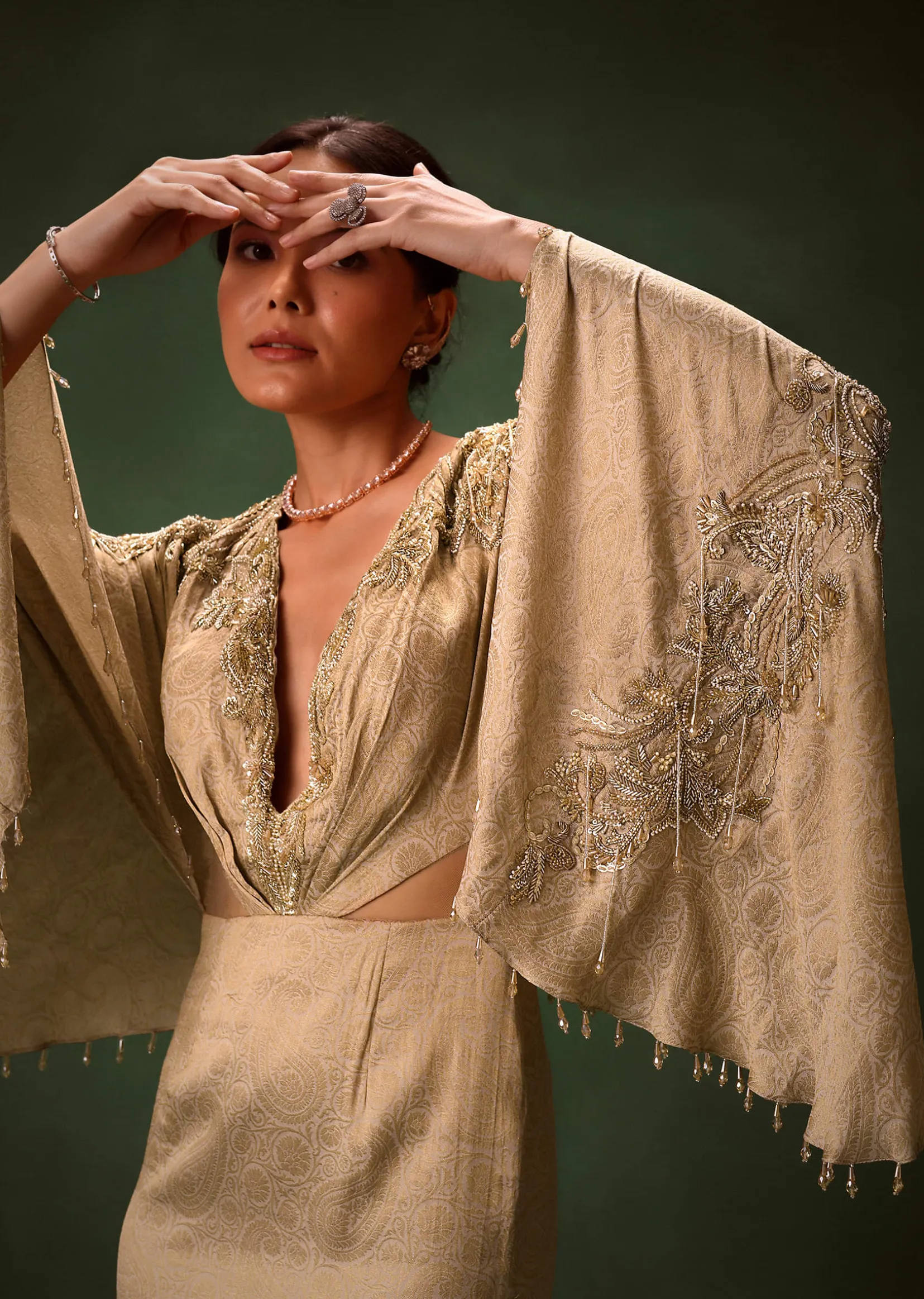 Golden Chiffon Silk Jacquard Kaftan