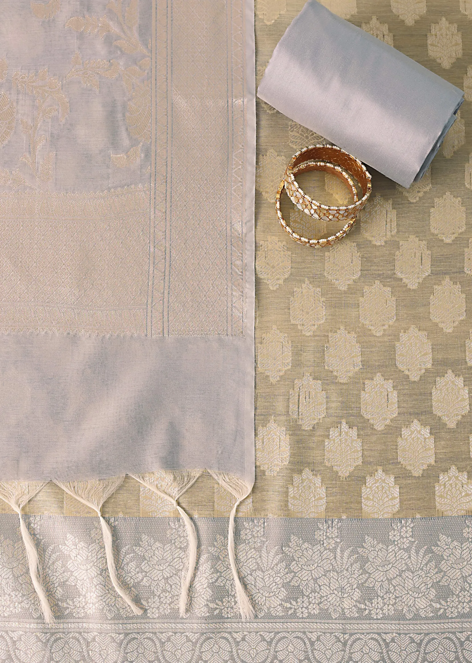 Golden Horizon Banarasi Silk Woven Dress Material Suit Set in Gold And Light Blue