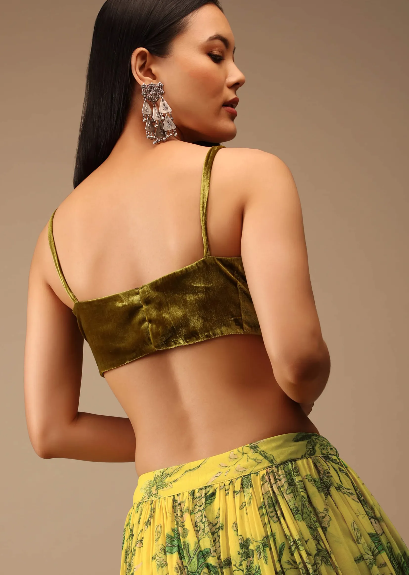 Golden Olive Green Blouse In Velvet With Strap Sleeves And Straight Across Neckline