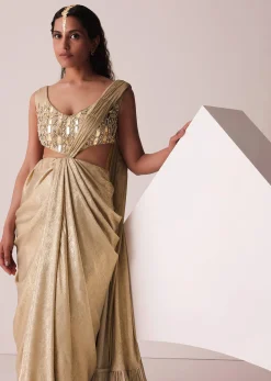 Golden Ready-To-Wear Embroidered Saree Gown In Gold Foil Fabric