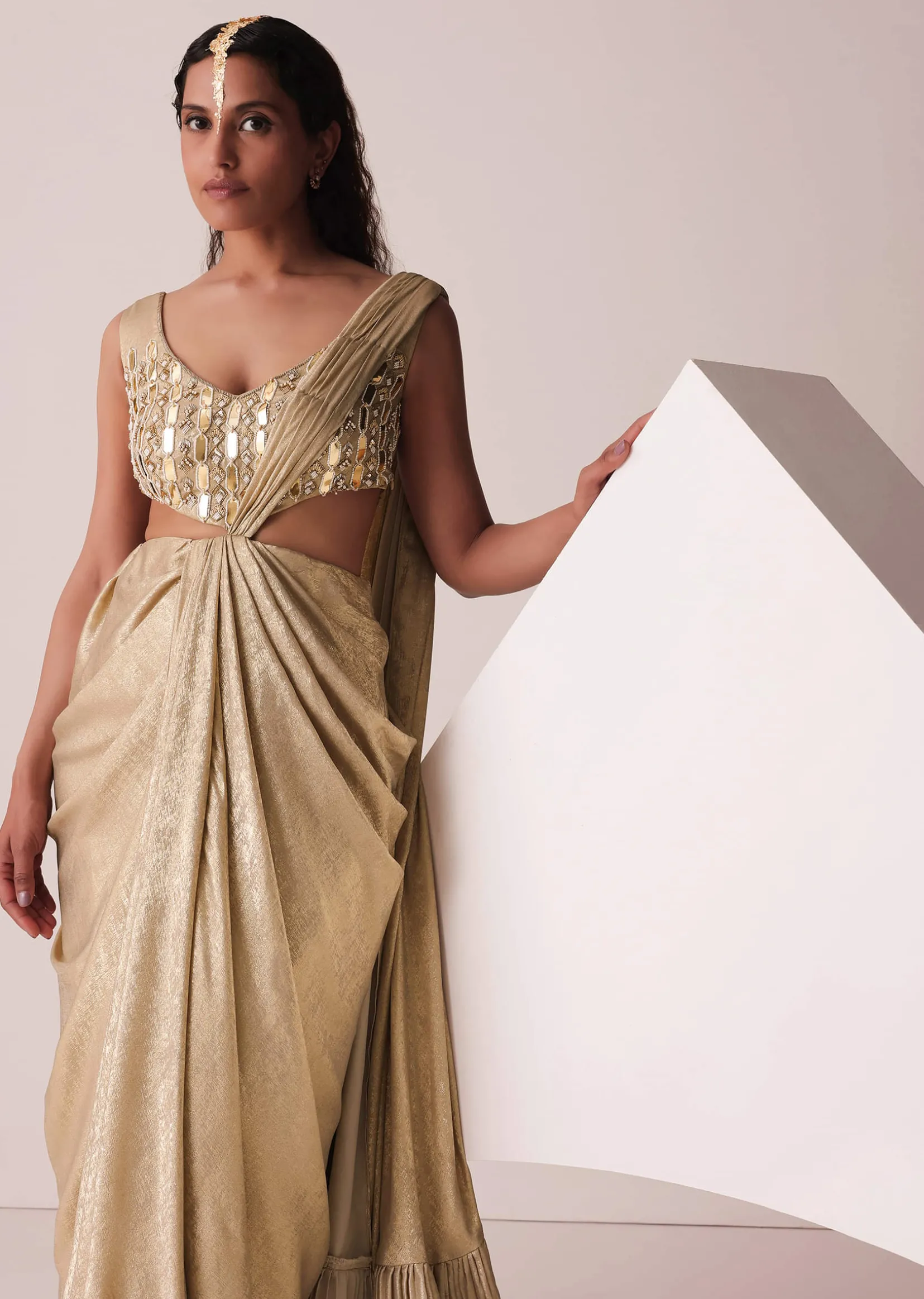 Golden Ready-To-Wear Embroidered Saree Gown In Gold Foil Fabric
