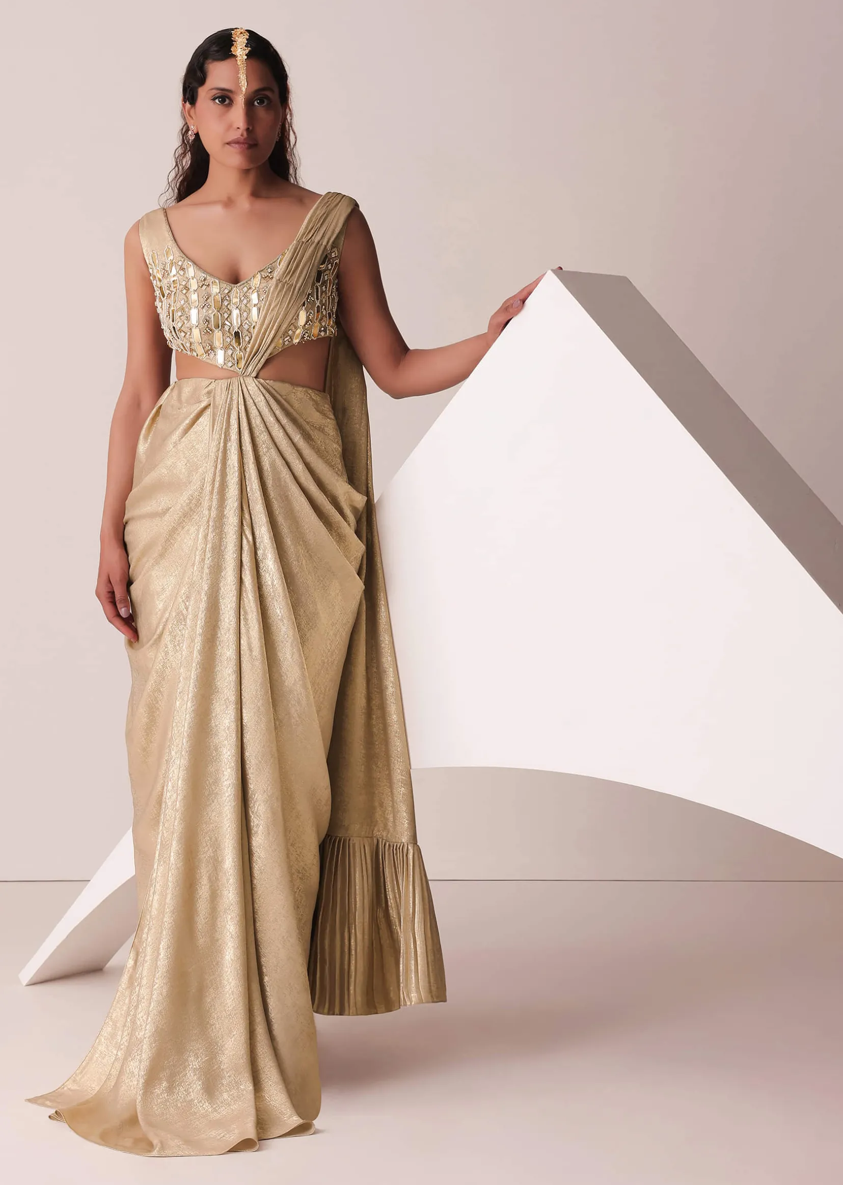 Golden Ready-To-Wear Embroidered Saree Gown In Gold Foil Fabric