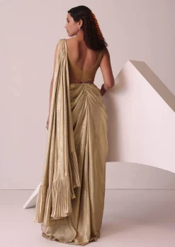 Golden Ready-To-Wear Embroidered Saree Gown In Gold Foil Fabric