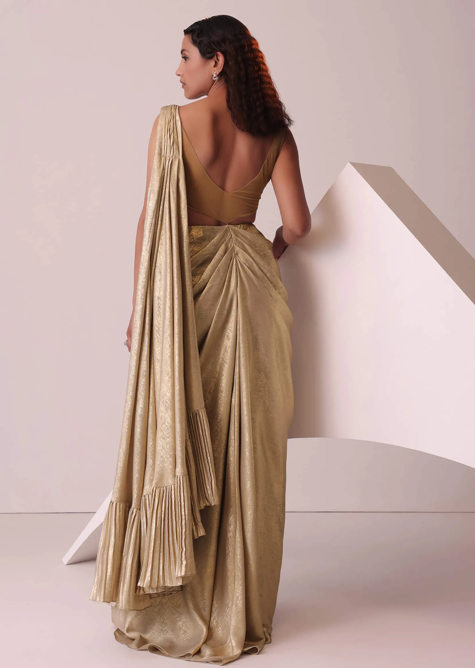 Golden Ready-To-Wear Embroidered Saree Gown In Gold Foil Fabric