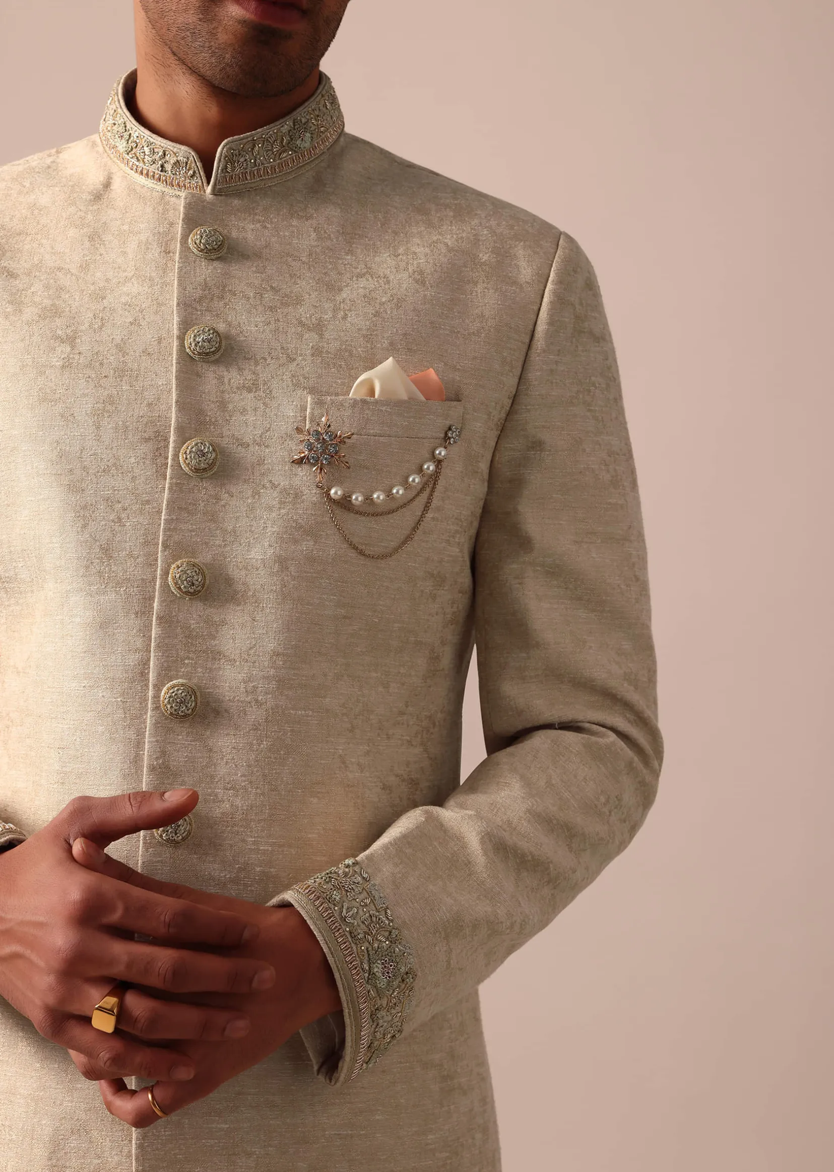Golden Sherwani Set With Exquisite Embroidery Work