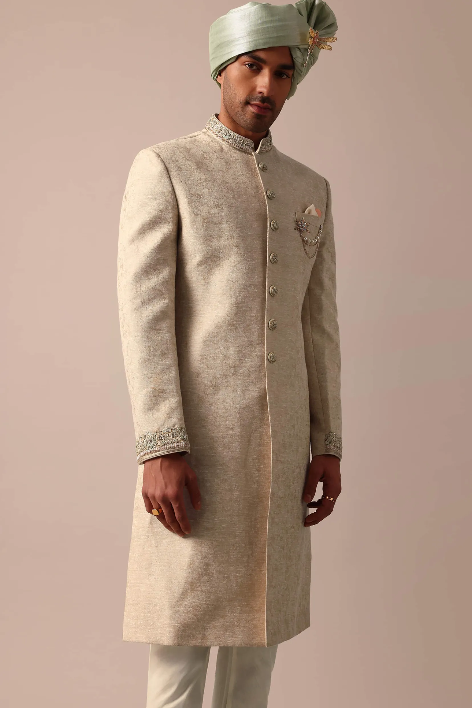 Golden Sherwani Set With Exquisite Embroidery Work