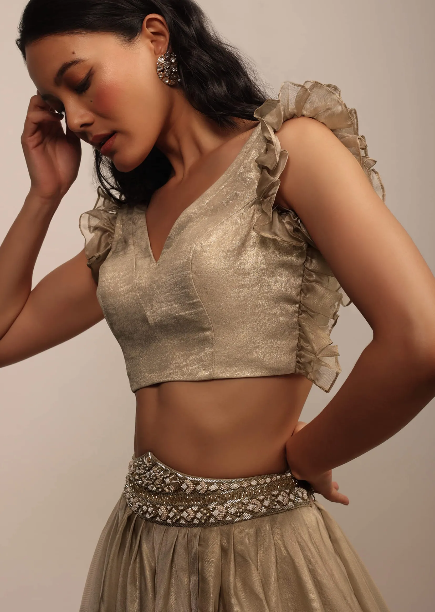 Golden Sleeveless Blouse In Satin Glam Gold With Ruffle Sleeve Frill
