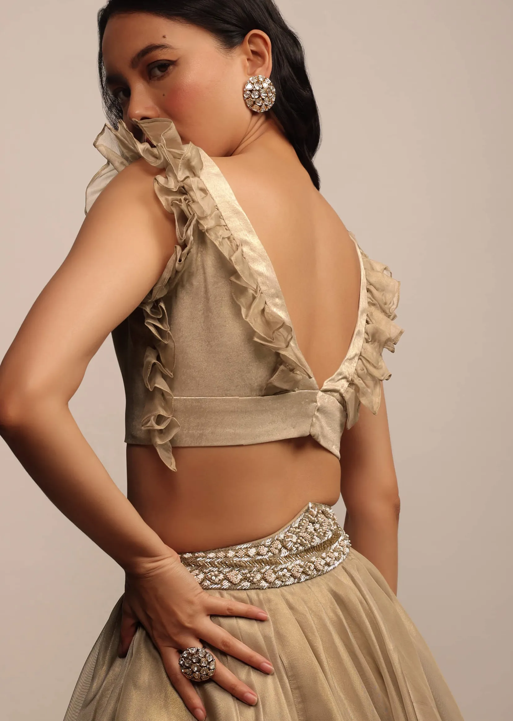 Golden Sleeveless Blouse In Satin Glam Gold With Ruffle Sleeve Frill