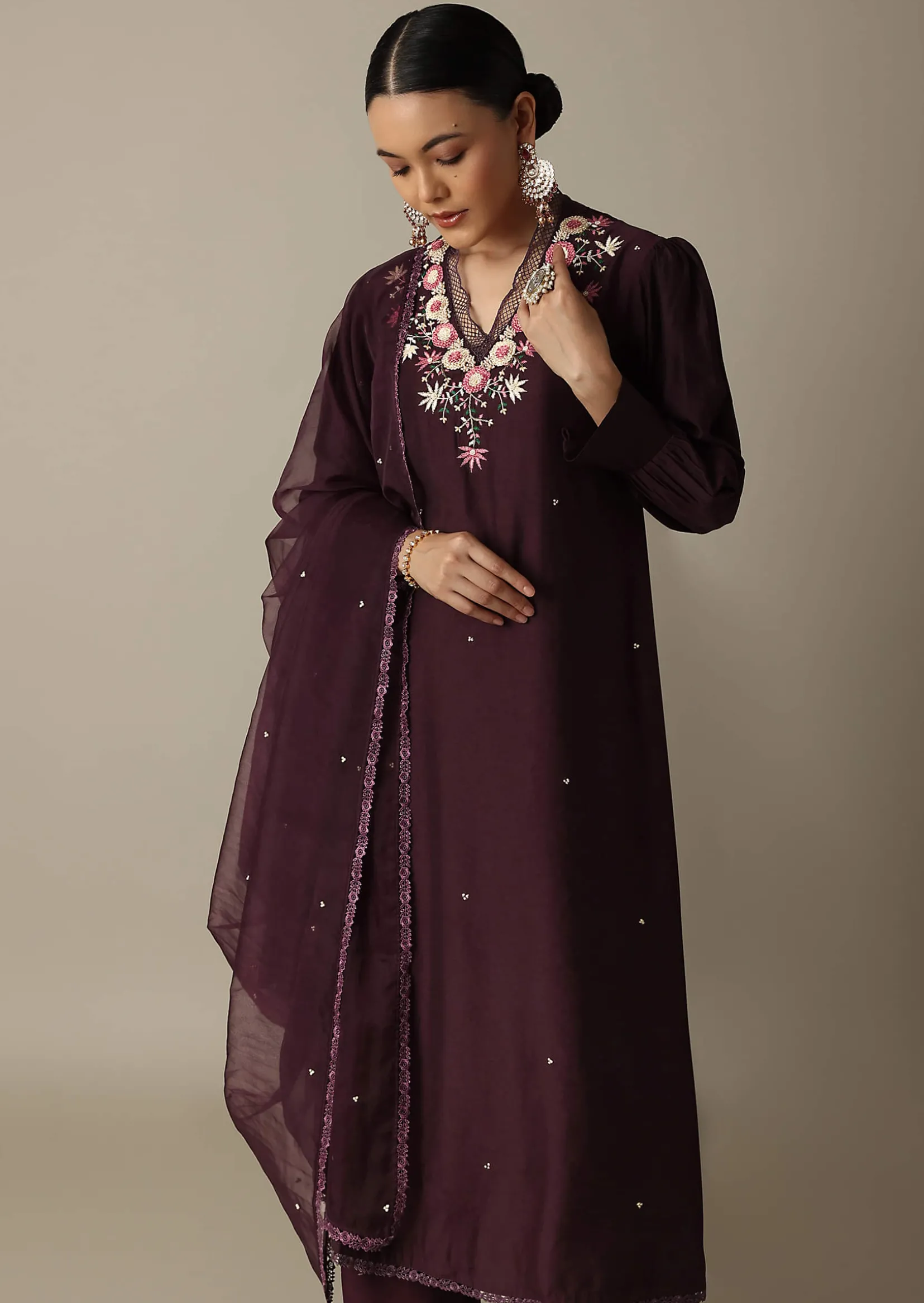 Gorgeous Brown Silk Kurti Set With Beaded Detailing