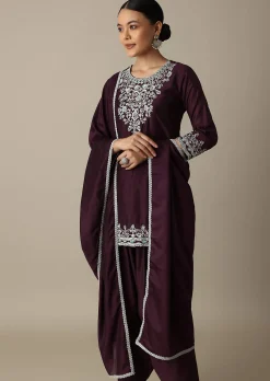 Gorgeous Wine Embroidered Silk Kurta Set