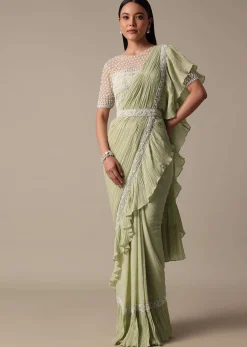 Graceful Green Pre Drape Saree With Ready Made Blouse