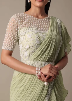 Graceful Green Pre Drape Saree With Ready Made Blouse